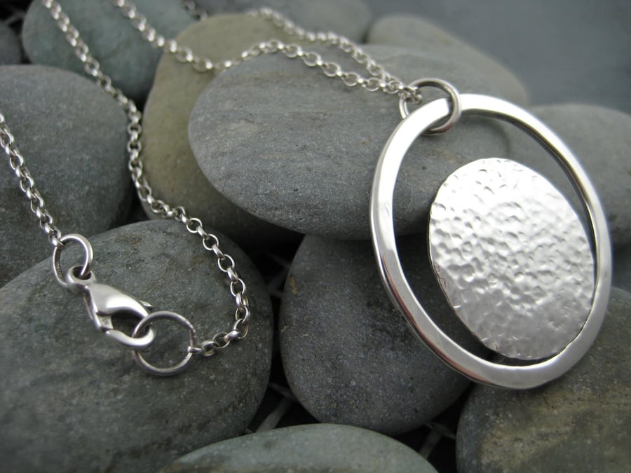 Silver Textured Disc In Circle Pendant On 40" Belcher Chain