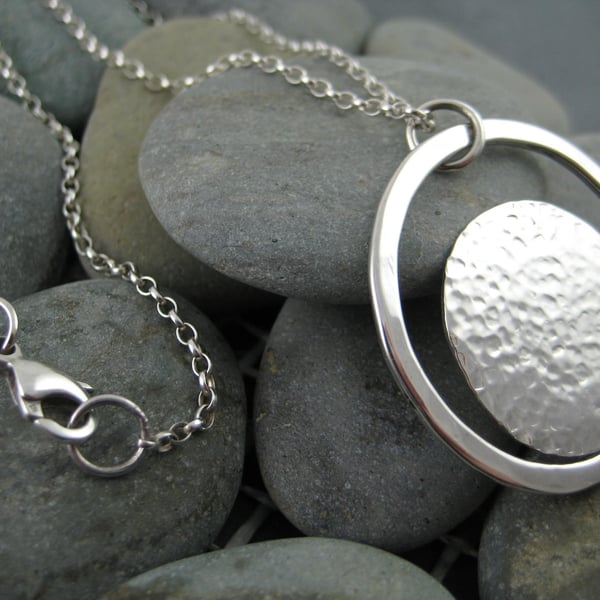 Silver Textured Disc In Circle Pendant On 40" Belcher Chain