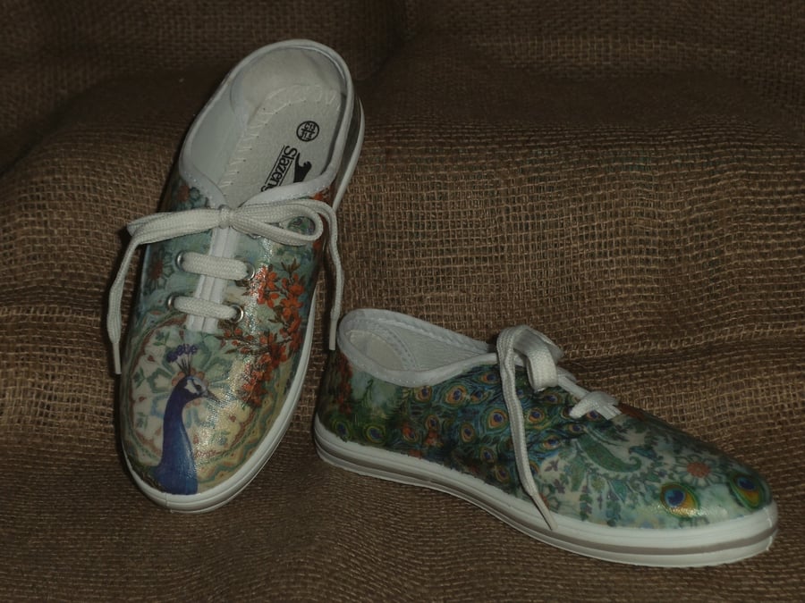 Decorated Canvas Shoes CHILDREN'S SIZE 13 Peacock Individual Unique Decoupage 