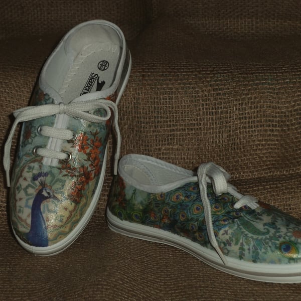 Decorated Canvas Shoes CHILDREN'S SIZE 13 Peacock Individual Unique Decoupage 