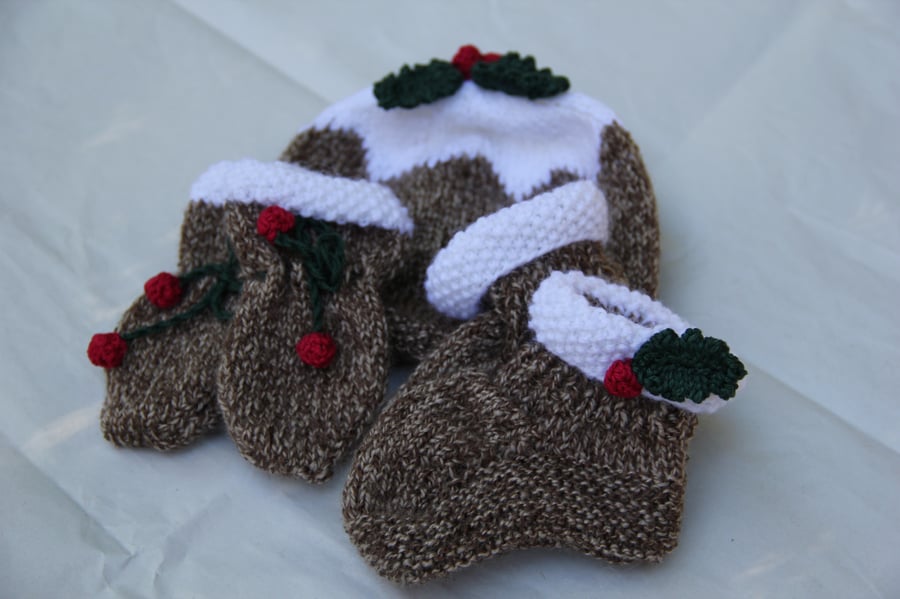 Hand Knitted Christmas Pudding Hat, Mitts and Booties
