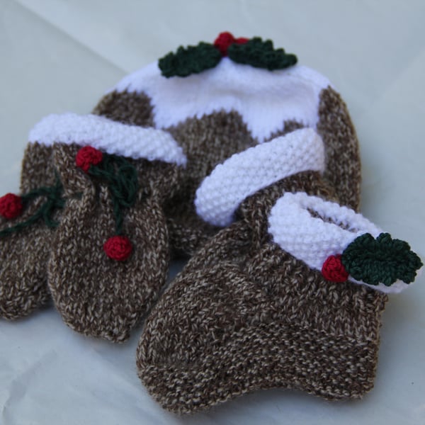 Hand Knitted Christmas Pudding Hat, Mitts and Booties