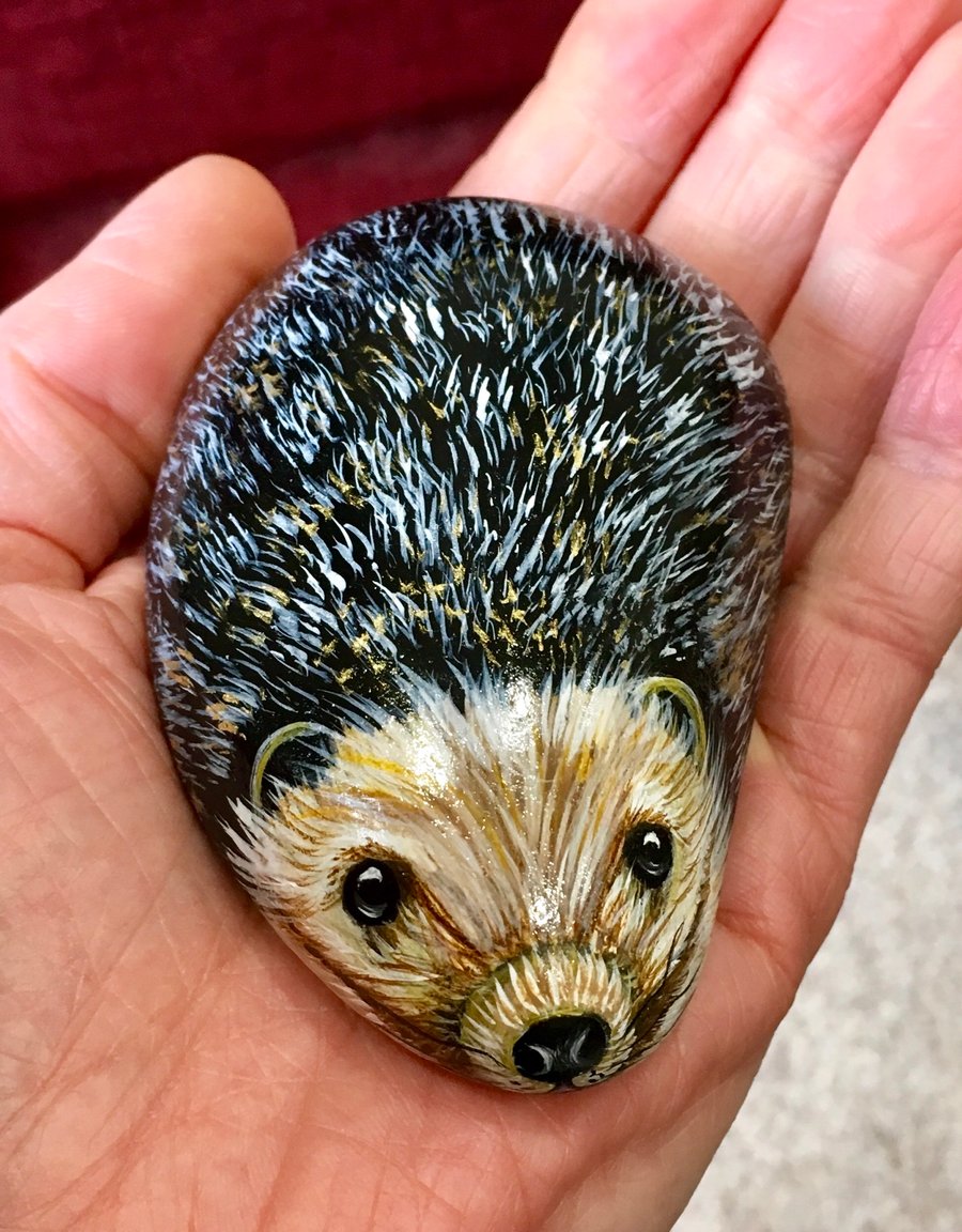 Hedgehog hand painted pebble garden rock art wildlife portrait stone gift 