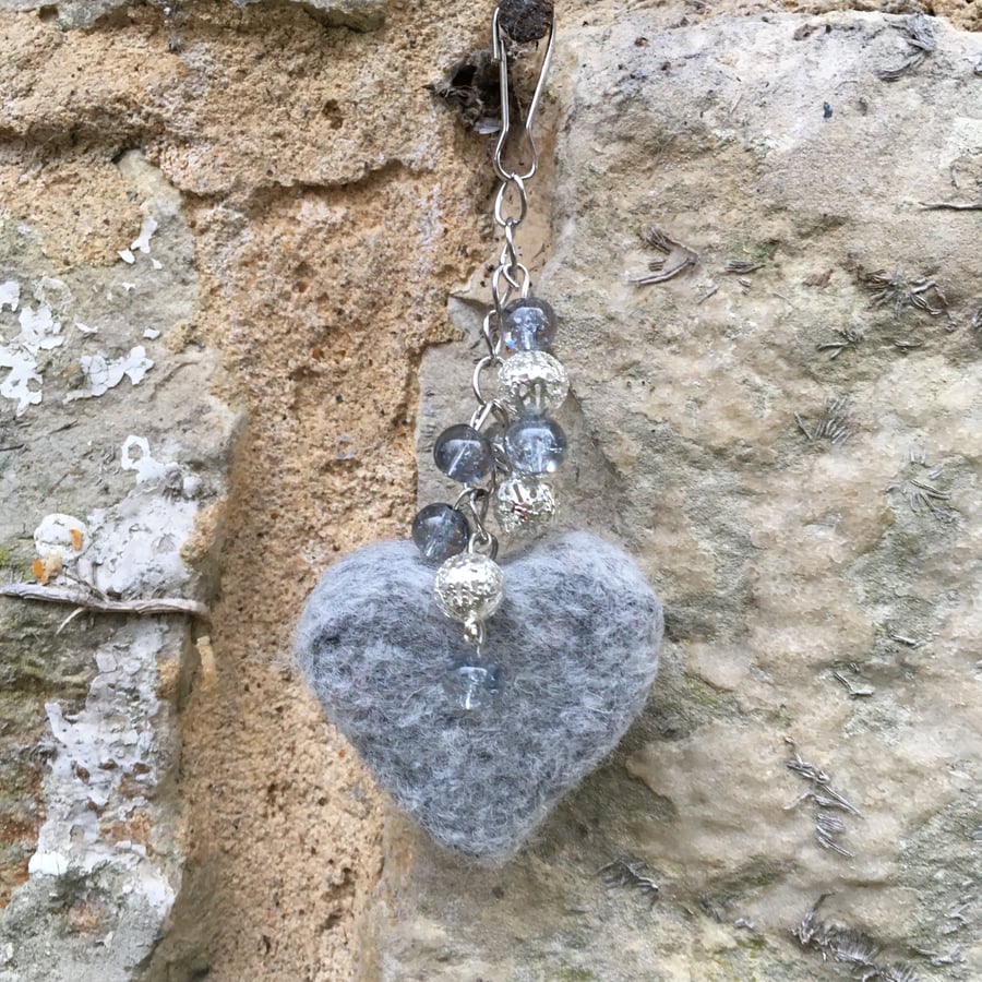 Grey needle felted heart and beaded bag charm, key fob, key ring