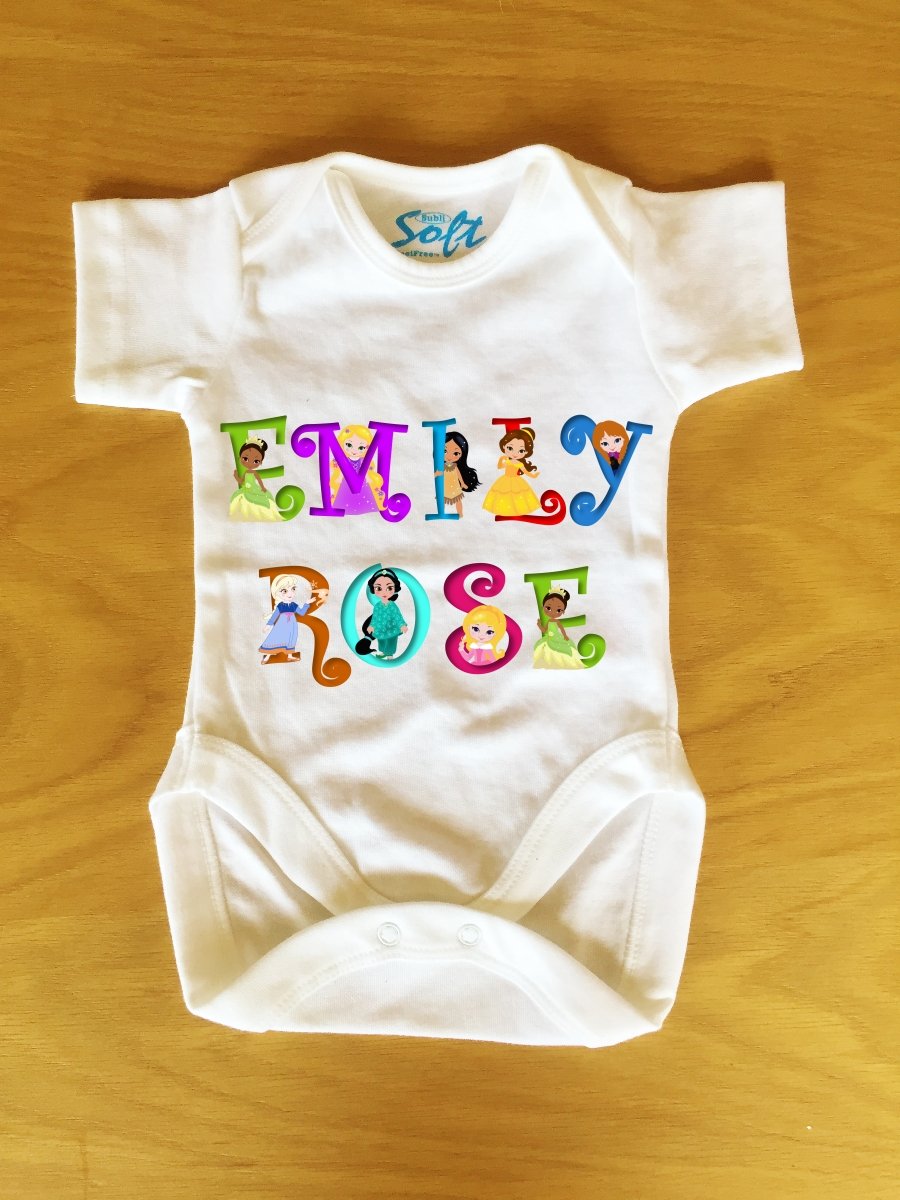 Baby Vest, baby grow, body suit, with Personalised Princess Name font