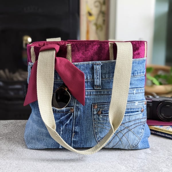 Recycled Denim and Chenille Tote Bag