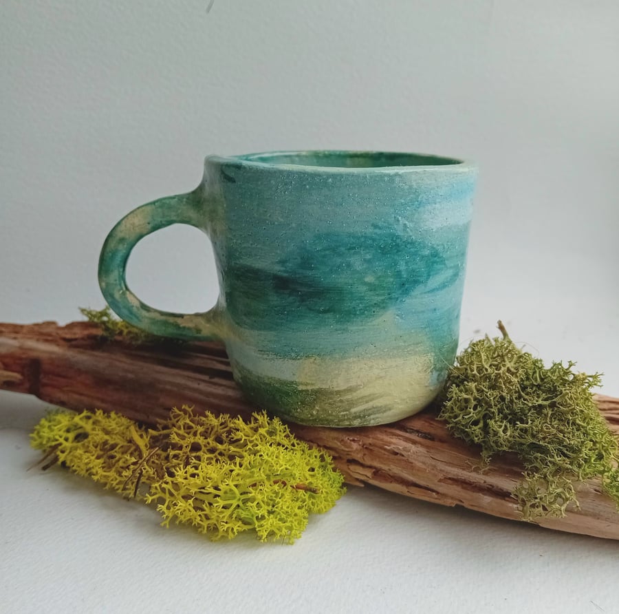 Small rustic mug,tea cup, water colour design teal blues greens design no1