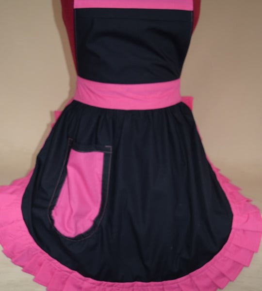 Vintage 50s Style Full Apron Pinny - Black with Pink Trim