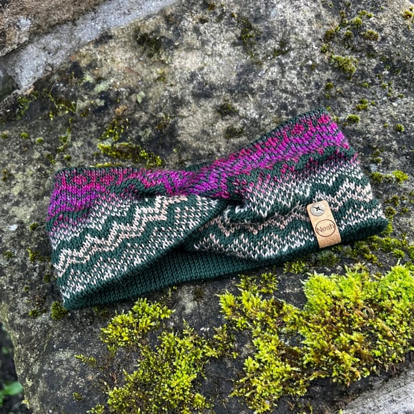 Green and red knitted fairisle headband super seconds festival