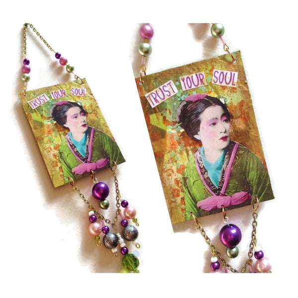 Inspirational Art OOAK Beaded Hanging TRUST Your SOUL Oriental Japanese Girl