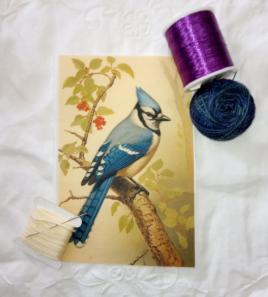 Fabric panel blue Jay blue bird iron on sew on textile art  journals patch 