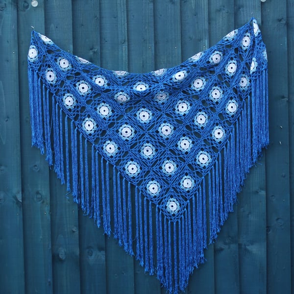 Crochet triangular shawl in sparkly silver, blue & royal blue - design LF433