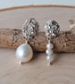 Silver and Pearl Mismatched Lichen Dangle Drop Earrings - Image 2