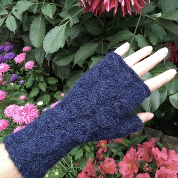 Alpaca Wrist Warmers Fingerless Gloves Blue