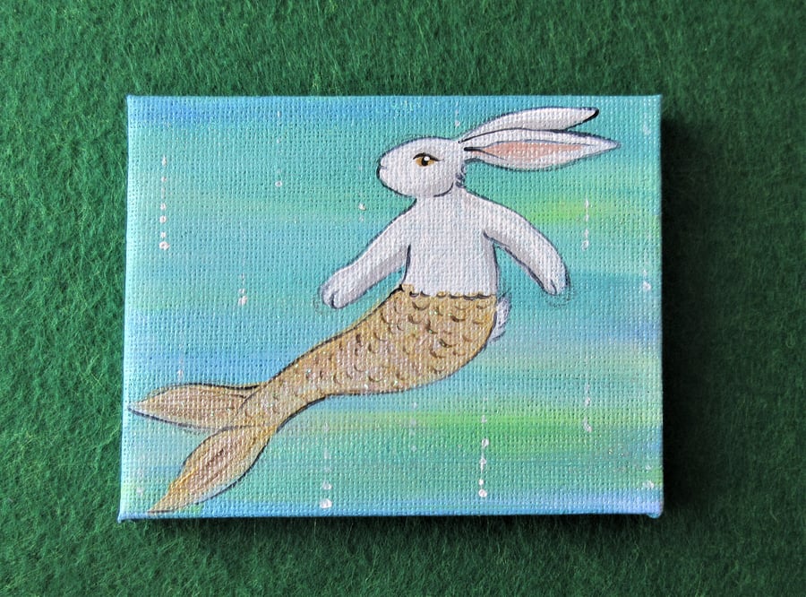 Merbunny Tiny Painting Bunny Rabbit Mermaid Picture Original Art