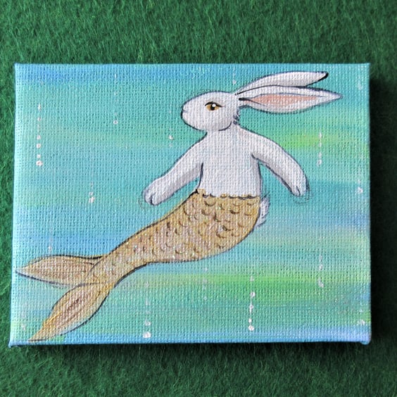 Merbunny Tiny Painting Bunny Rabbit Mermaid Picture Original Art