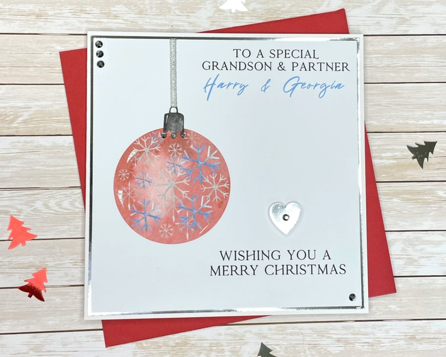 Christmas Card Personalised Red Bauble Grandson Granddaughter Son Daughter