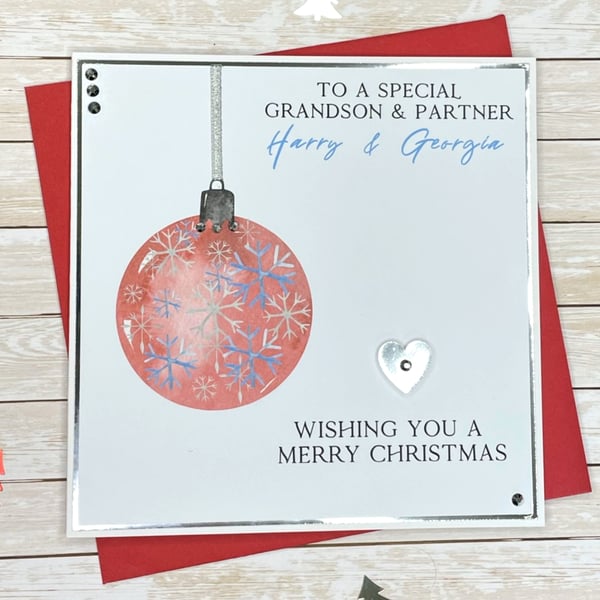 Christmas Card Personalised Red Bauble Grandson Granddaughter Son Daughter