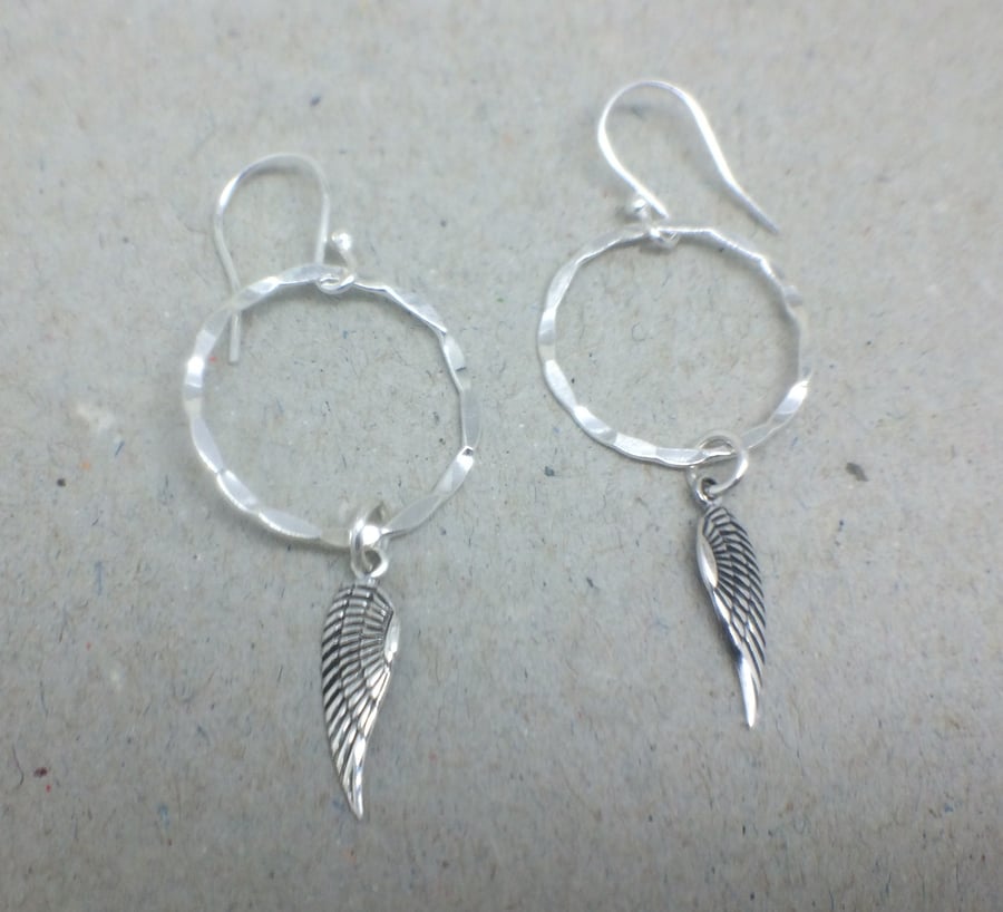 Sterling Silver Hoop Angel Wing Long Dangle Earrings