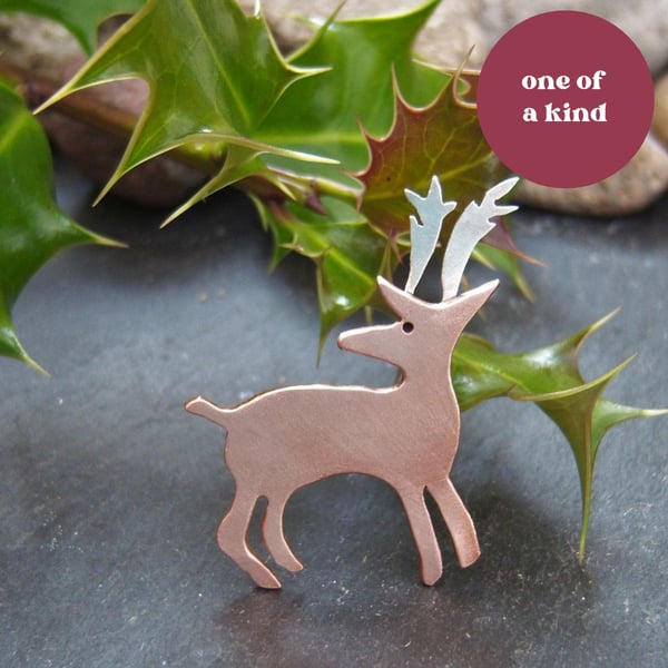 Reindeer brooch in copper and sterling silver