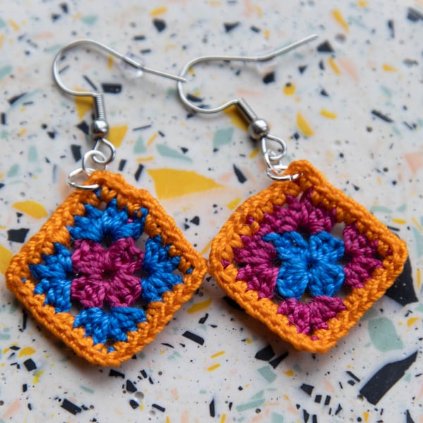 Handmade Micro Crochet Granny Square Earrings - Hypoallergenic