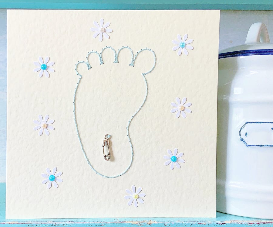 Baby Boy Card. Stitched Card. New Baby Card. Baby Shower Card. Charm Card.