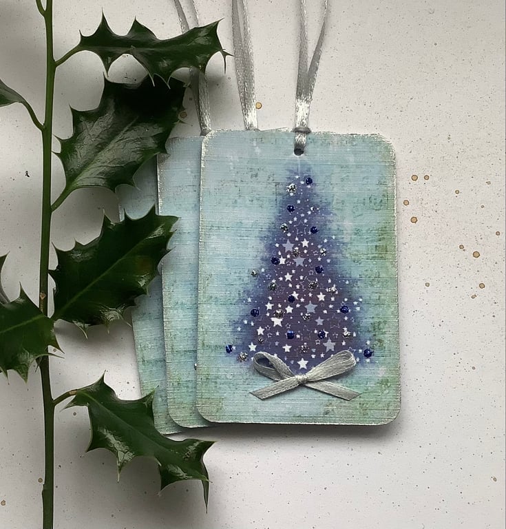  GIFT TAGS ( set of 3) .Christmas. Winter. ' Blue Christmas'. Tree. 