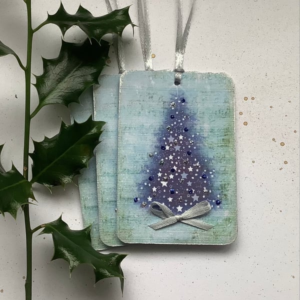  GIFT TAGS ( set of 3) .Christmas. Winter. ' Blue Christmas'. Tree. 