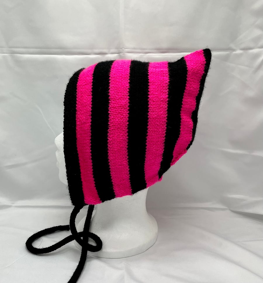 Pink striped pixie bonnet hat, adult, hand knitted