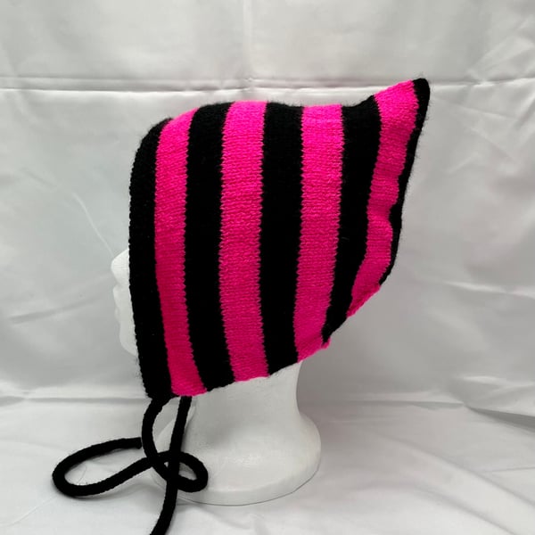 Pink striped pixie bonnet hat, adult, hand knitted