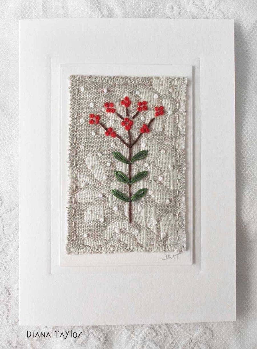 HAND EMBROIDERED GREETINGS CARD CHRISTMAS WINTER BERRIES