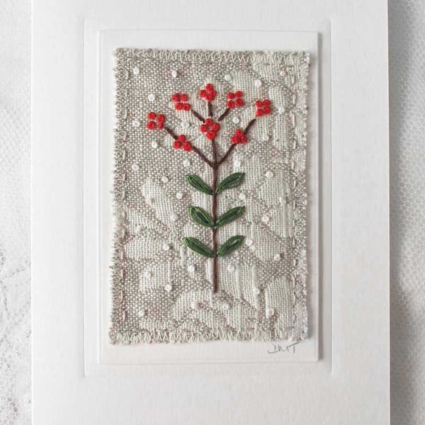 HAND EMBROIDERED GREETINGS CARD CHRISTMAS WINTER BERRIES