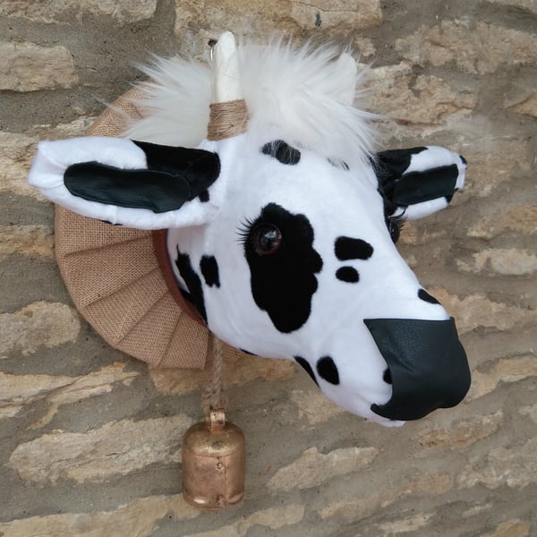 Faux taxidermy black & white Moo cow animal head wall mount