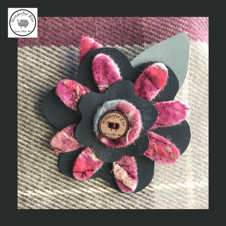 Flower brooch dark blue, purple, pink, floral flower textile fabric brooch