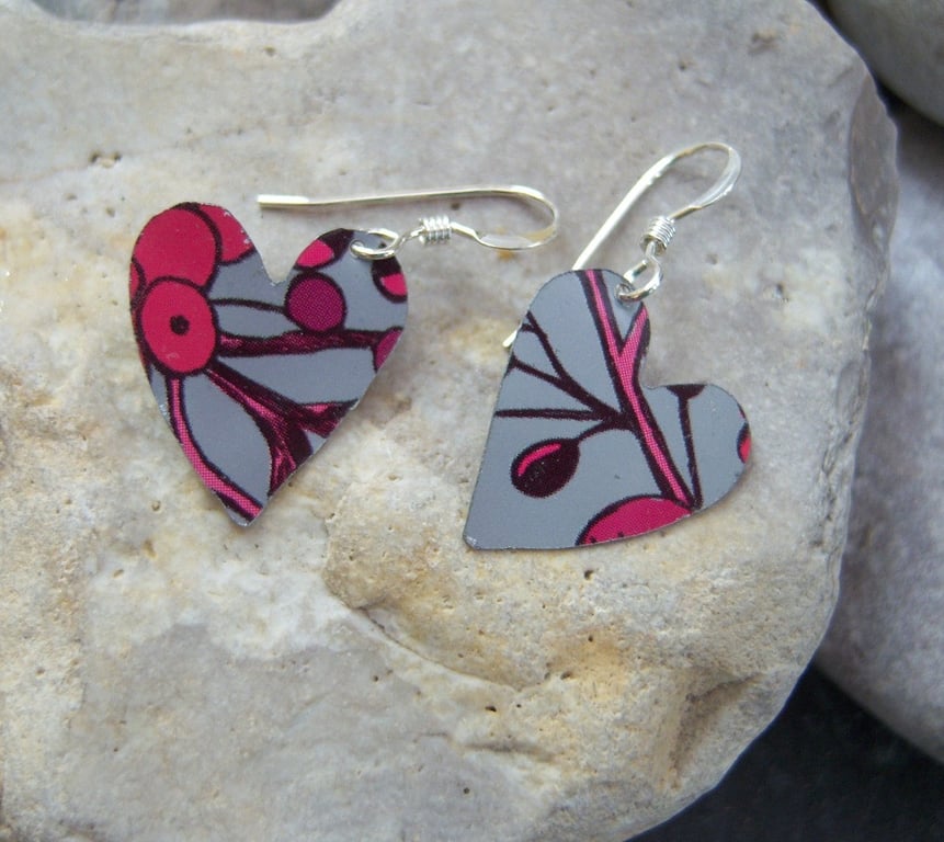 Upcycled biscuit tin heart earrings with sterling silver ear wires