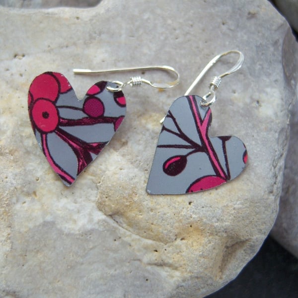 Upcycled biscuit tin heart earrings with sterling silver ear wires
