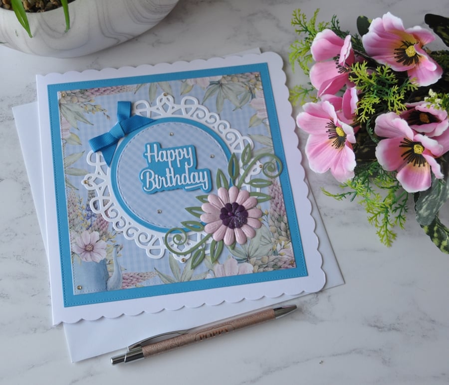 Happy Birthday Blue Pink Purple Flower 3D Luxury Handmade Card