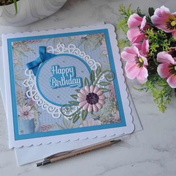 Happy Birthday Blue Pink Purple Flower 3D Luxury Handmade Card