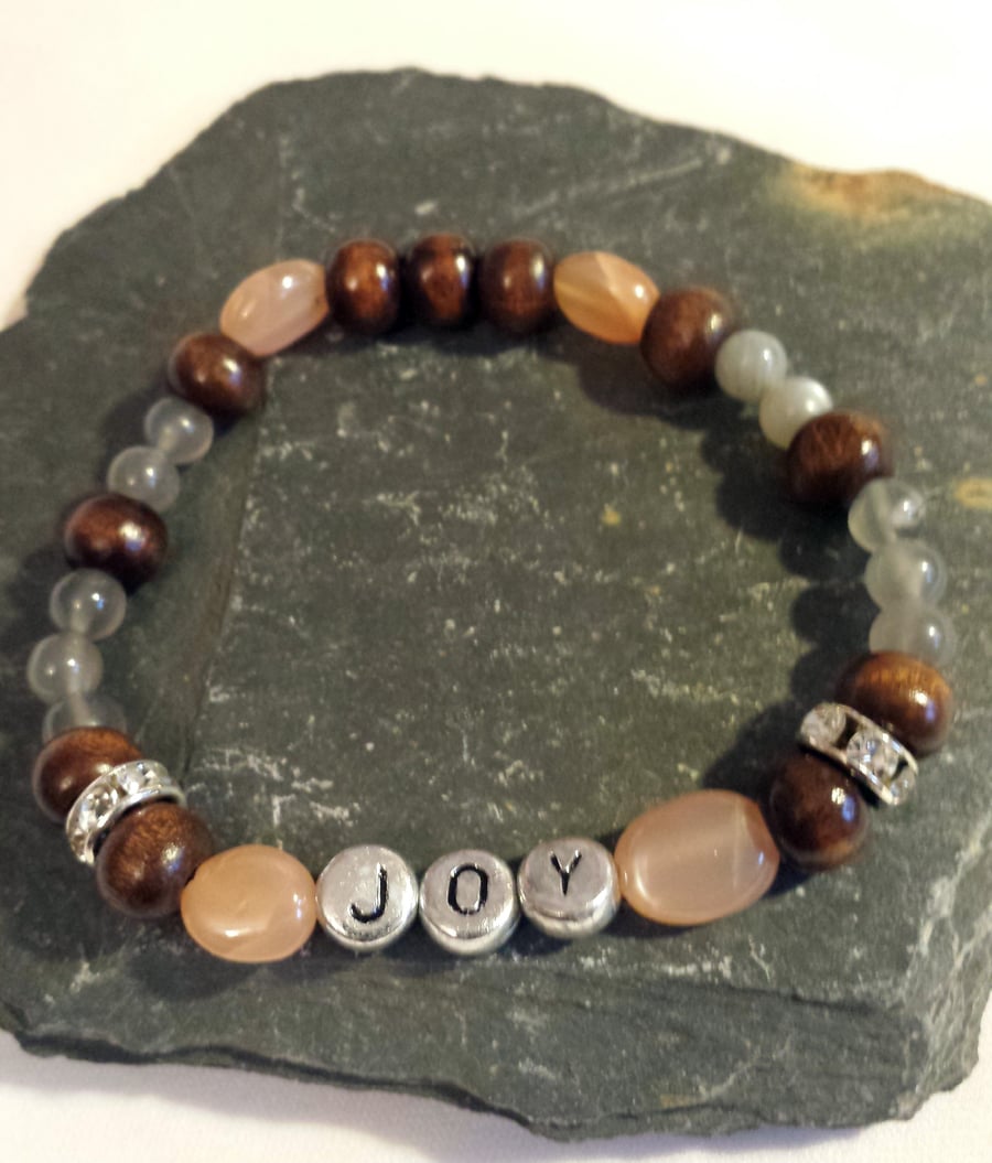 Inspirational Message Bracelet,Moonstone Bracelet,JOY,Wooden beads bracelet, Yog