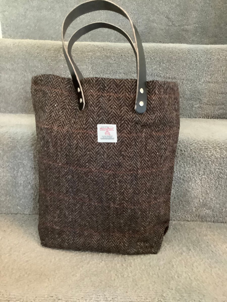 Attractive Nut Brown Herringbo Harris tweed small tote bag with leather handles,
