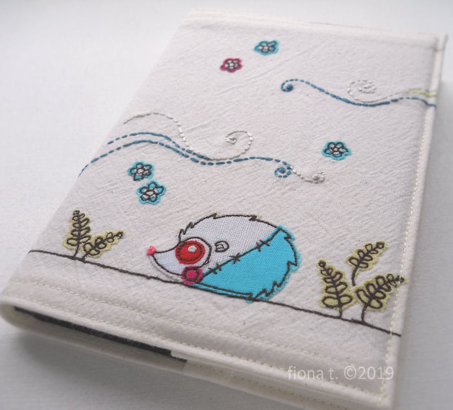 free motion and hand embroidered zombie hedgehog notebook cover