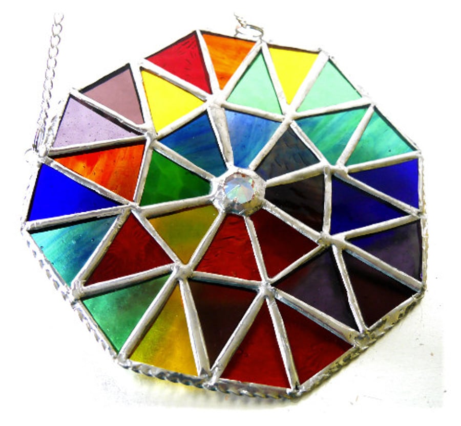 Rainbow Patchwork Octagon Suncatcher Stained Glass Handmade 004