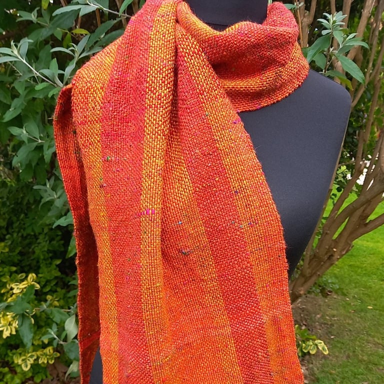 Handwoven Merino, Silk & Llama Scarf – Orange, Red & Gold