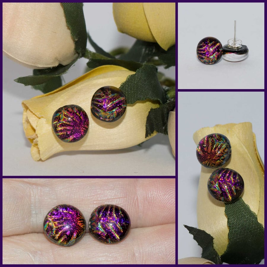 Purple and Gold Dichroic Glass Earrings on Sterling Silver Studs - 2105