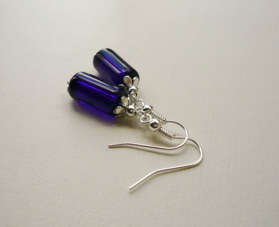 Blue Glass Tube Tibetan Silver Earrings    KCJE3