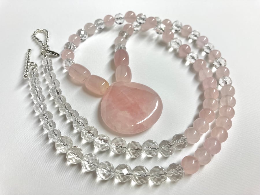 ROSE QUARTZ and CLEAR FACETED CRYSTAL Long Drop Necklace Birthday Mother's Day