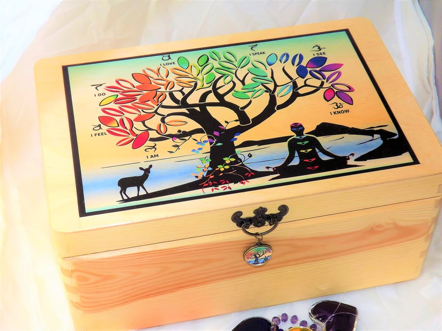 CHAKRA TREE of LIFE  - Meditation by the Sea. Natural Wooden Chest