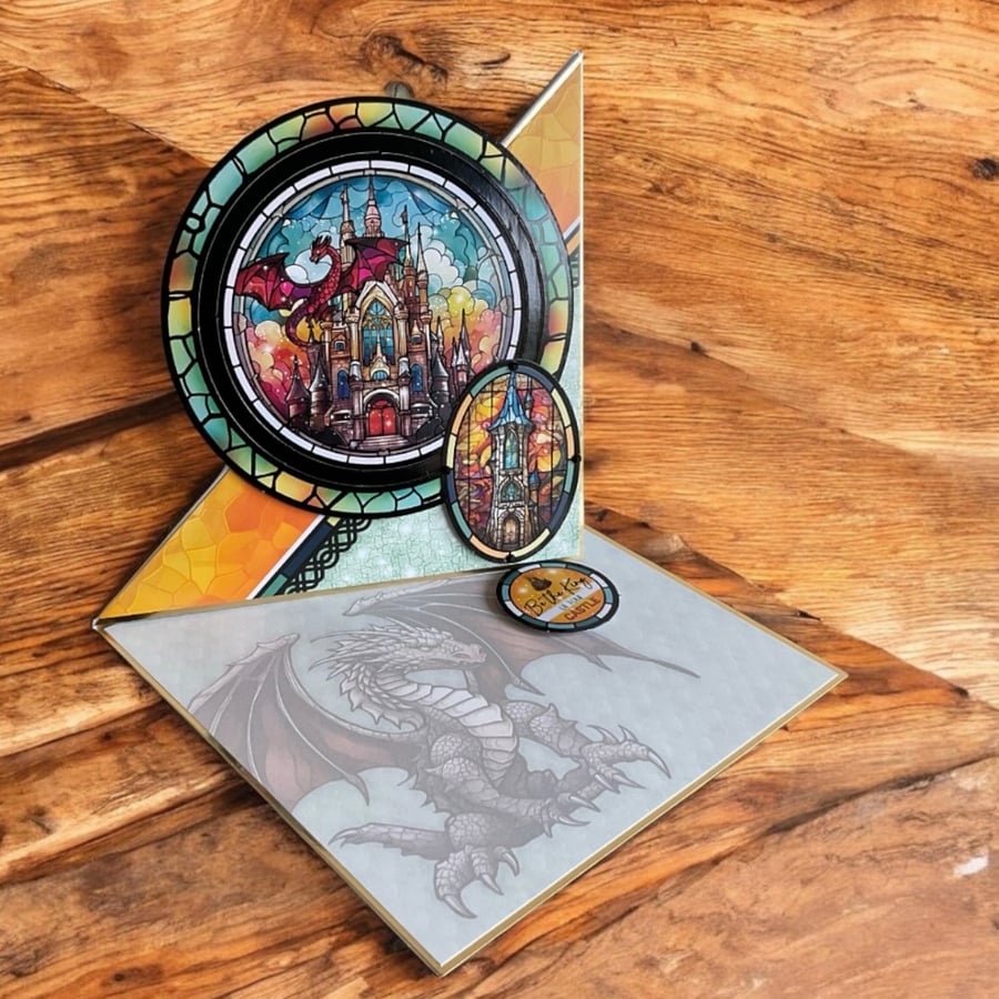 Stained Glass Dragon Castle Twisted Easel Card - Unique Fantasy Card