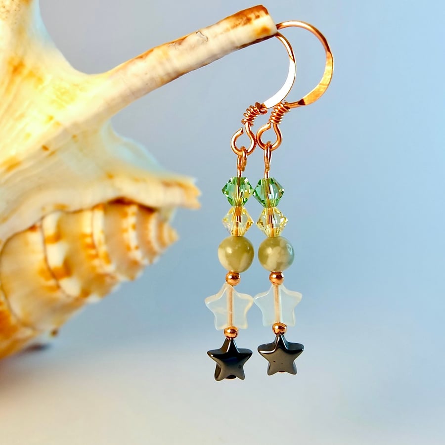 Star, Crystal, Peace Jade & Copper Earrings, Birthday, Anniversary, Gift For Her