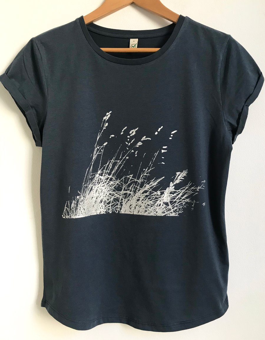 Wild Grasses Womens organic cotton T shirt denim blue 